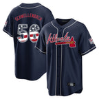 Atlanta Braves #56 Spencer Schwellenbach Player Navy USA 250 Fourth Of July Limited Home Game Stitched Baseball Jersey