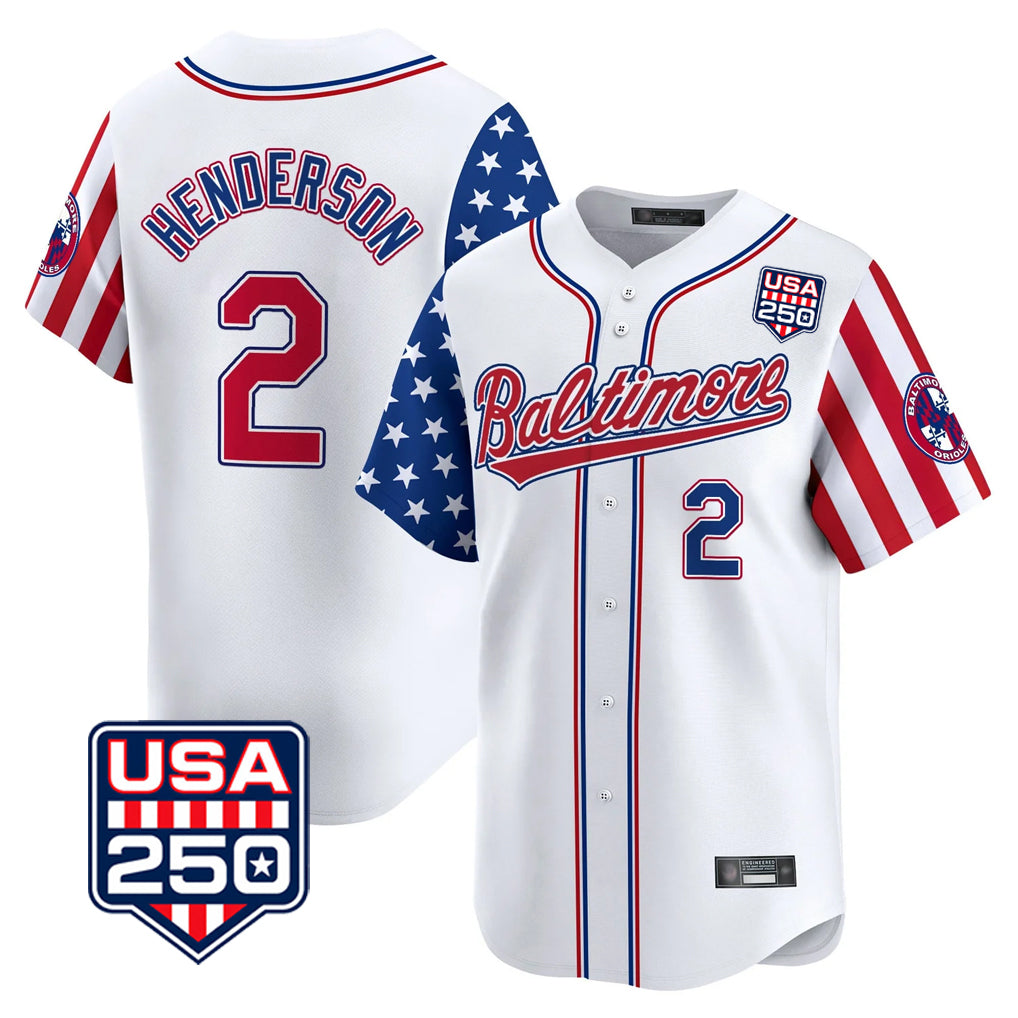 Baltimore Orioles #2 Gunnar Henderson Player White USA 250 Independence Day Vapor Premier Limited Home Game Stitched Baseball Jersey