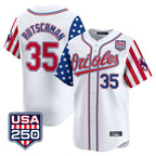 Baltimore Orioles #35 Adley Rutschman Player White USA 250 Independence Day Vapor Premier Home Game Stitched Baseball Jersey