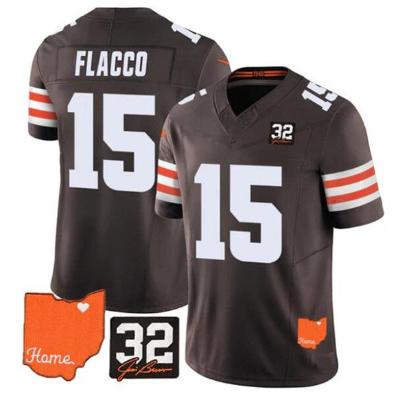 C.Browns #15 Joe Flacco Brown 2025 F.U.S.E. With Jim Brown Memorial & Home Patch Vapor Limited Stitched Football Jersey