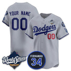 Custom Los Angeles Dodgers ACTIVE PLAYER Gray 2025 World Series With No. 34 Patch Limited Stitched Baseball Jersey HELVY