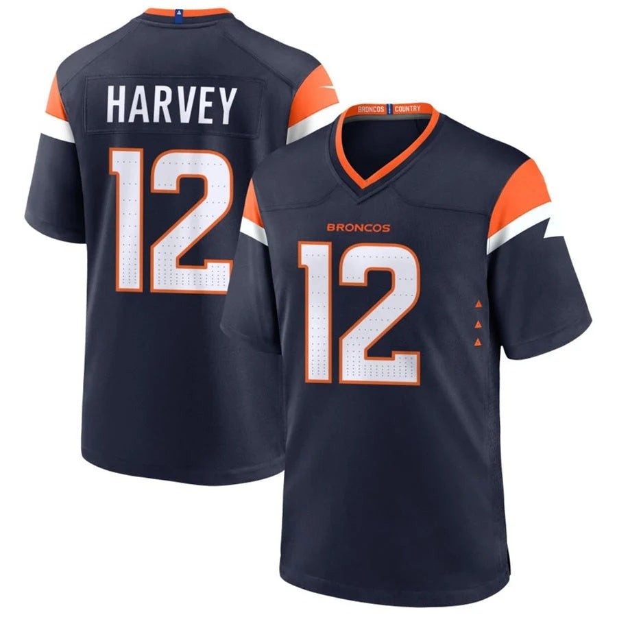 D.Broncos #12 RJ Harvey Player Navy Home Game Football Jersey