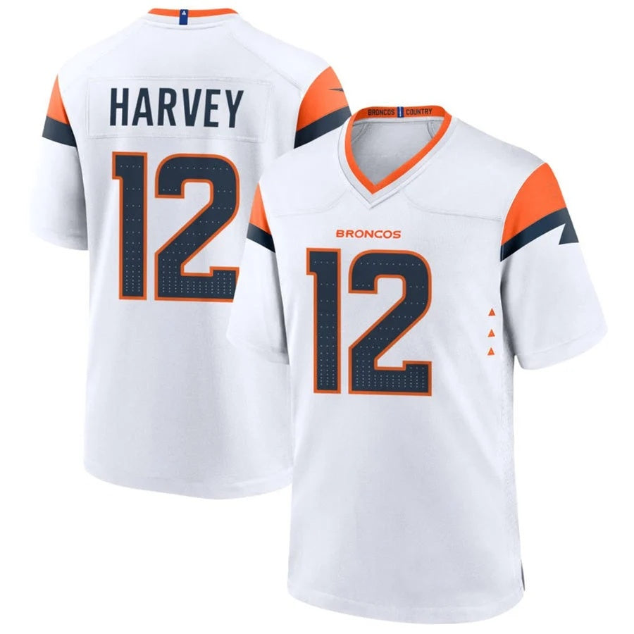 D.Broncos #12 RJ Harvey Player White Home Game Football Jersey