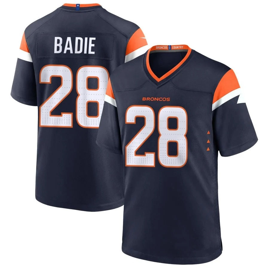 D.Broncos #28 Tyler Badie Player Navy Home Game Football Jersey