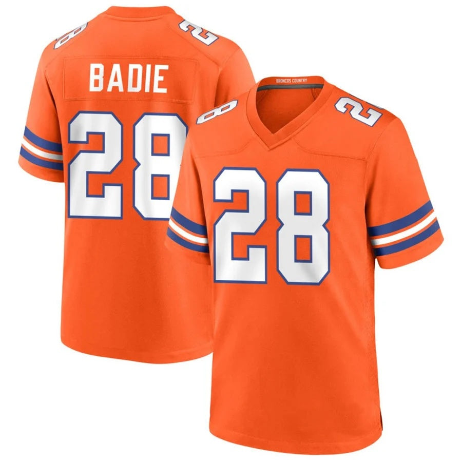 D.Broncos #28 Tyler Badie Player Orange Collection Throwback Game Football Jersey
