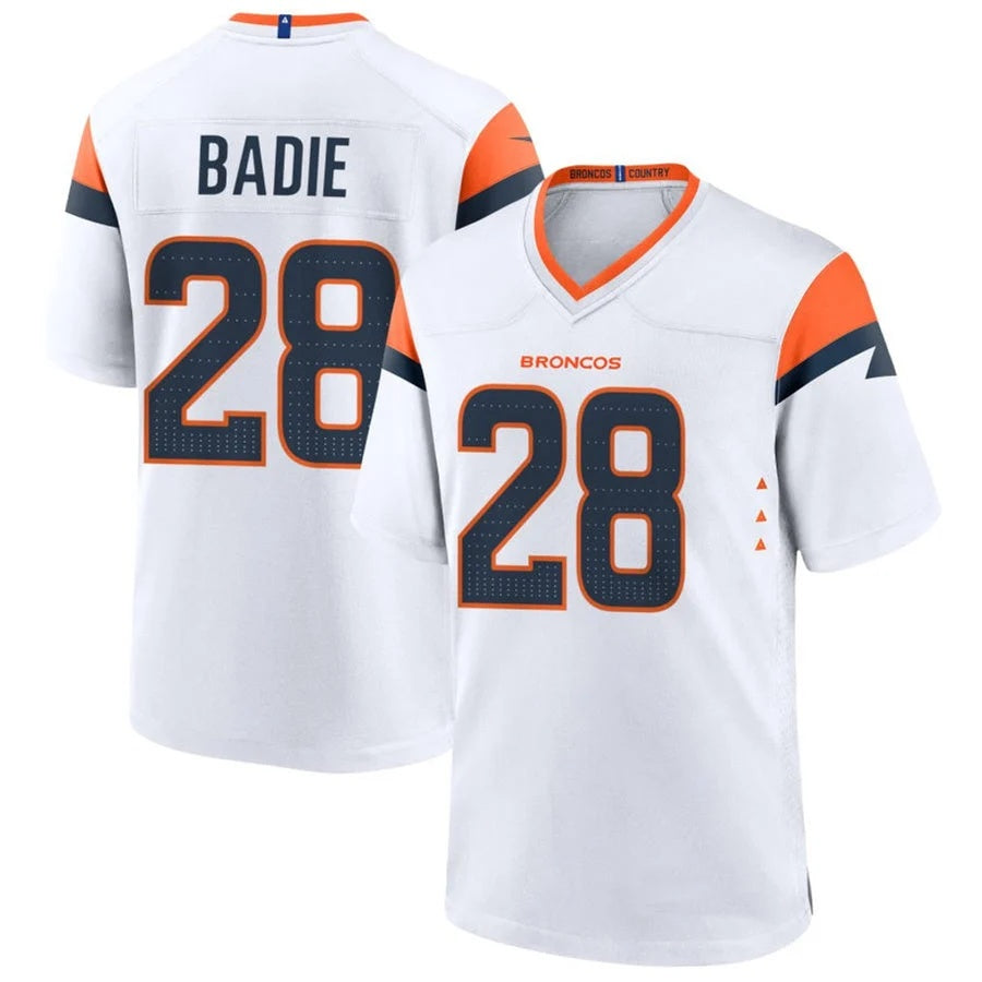 D.Broncos #28 Tyler Badie Player White Home Game Football Jersey