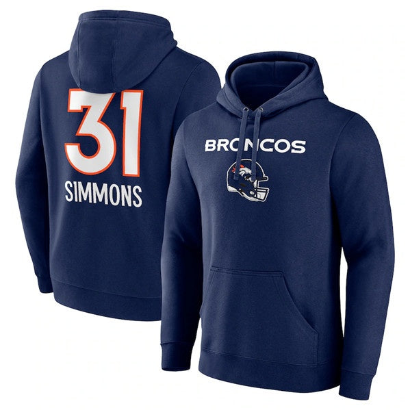 D.Broncos #31 Justin Simmons Navy Team Wordmark Name & Number Pullover Hoodie Football Jersey