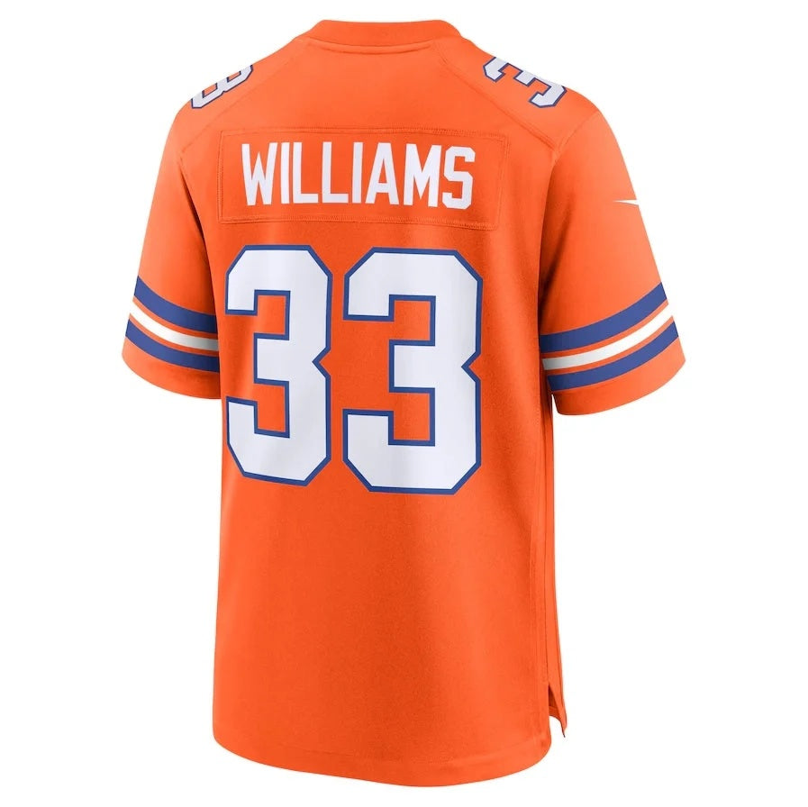 D.Broncos #33 Javonte Williams Orange Mile High Collection 1977 Throwback Player Game Football Jersey