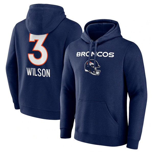 D.Broncos #3 Russell Wilson Navy Team Wordmark Name & Number Pullover Hoodie Football Jersey