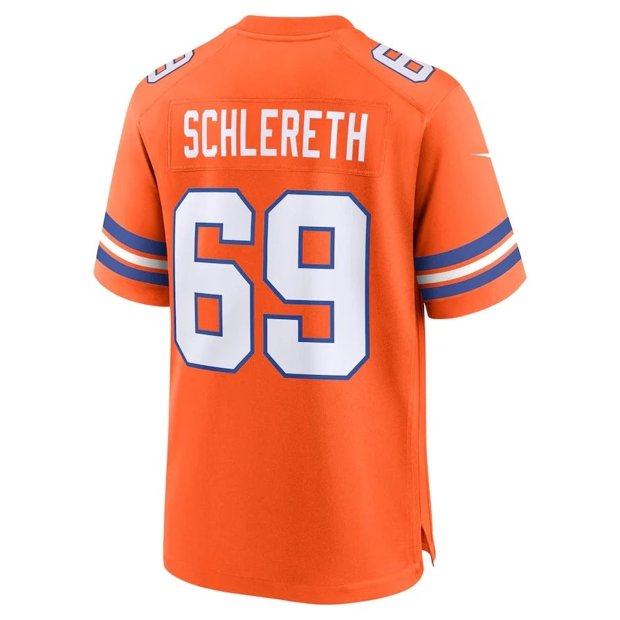 D.Broncos #69 Mark Schlereth Orange Mile High Collection 1977 Throwback Retired Player Game Football Jersey