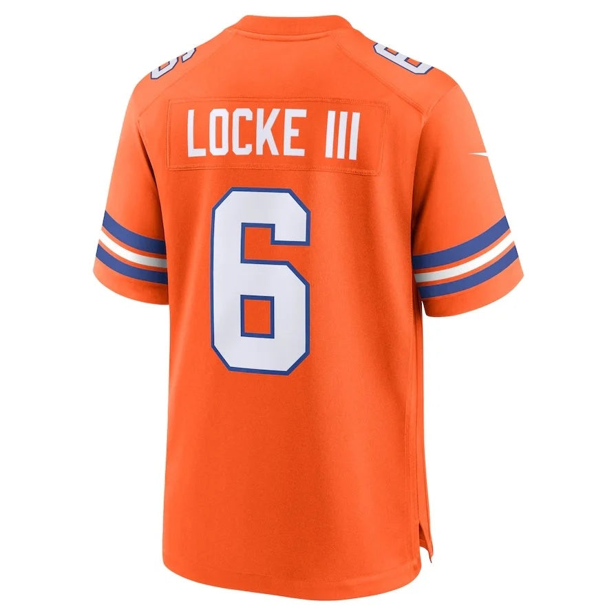 D.Broncos #6 P.J. Locke III Orange Mile High Collection 1977 Throwback Player Game Football Jersey
