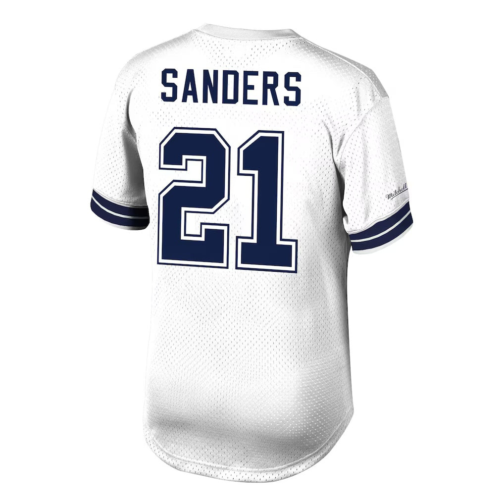 D.Cowboys #21 Deion Sanders Mitchell & Ness White Retired Player Name & Number Mesh Top Football Jersey