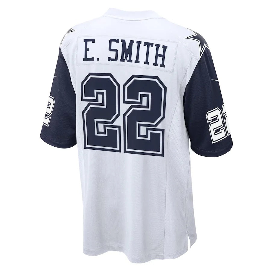 D.Cowboys #22 Emmitt Smith Player White-Navy Home Game Football Jersey